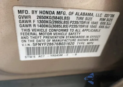 2006 Honda Pilot Ex-L from USA, damaged, VIN 5FNYF28676B031620